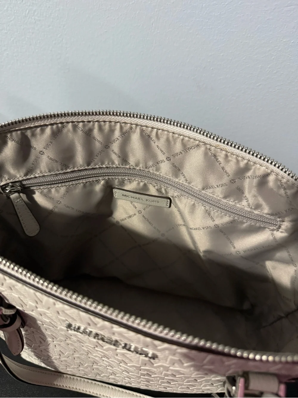 Michael Kors Ivory MK Logo Tote with Silver Charm